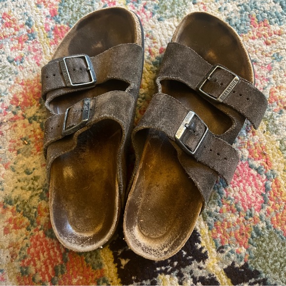 Birkenstock Brown Suede Arizona Soft Footbed Double Strap Buckle Sandals - Picture 3 of 6